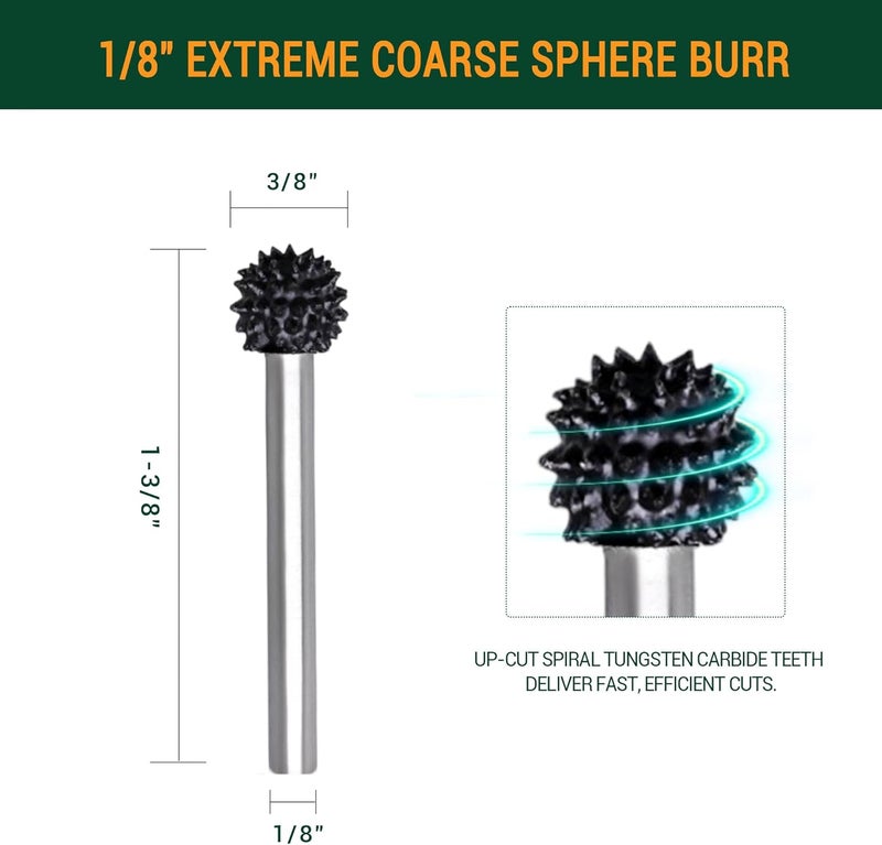 ToolTrek Store Extreme Spikes Sphere Rotary Burr, 1⁄8" Shaft, Very Coarse - Woodworking Attachment for Dremel, Foredom, DeWalt, Milwaukee. Abrasive Tungsten Carbide - Image 2